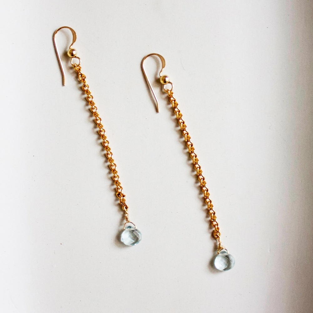 Gold Fill Thin Cable Link Chain Aquamarine Drop Earrings